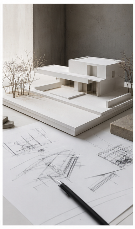 Maqueta conceptual blanca y croquis arquitectónicos para anteproyecto
