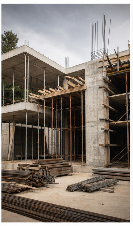 Estructura arquitectónica en construcción con concreto y acero