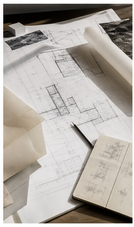 Mesa de estudios preliminares con planos, croquis y notas de sitio